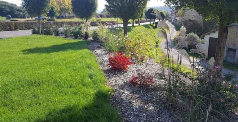 Massif fleuri avec pelouse verte et arbres taillés bordant une allée