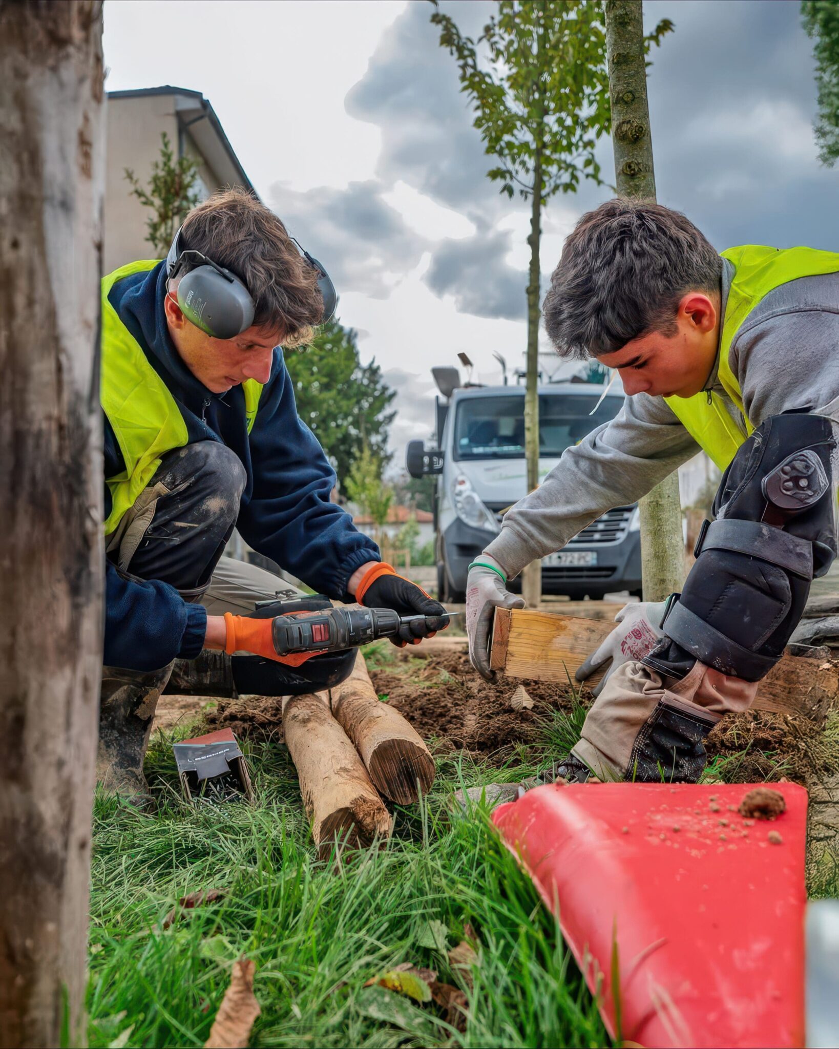 Deux jardiniers paysagistes en gilet jaune travaillent au sol avec outils et bois