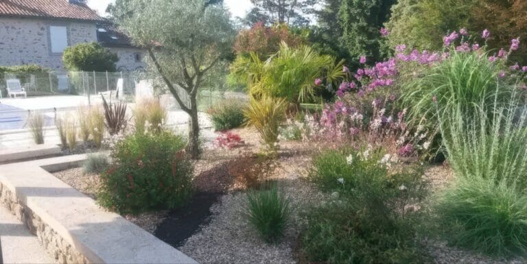 Aménagement paysager avec arbustes, palmiers et fleurs autour d'une maison en pierre