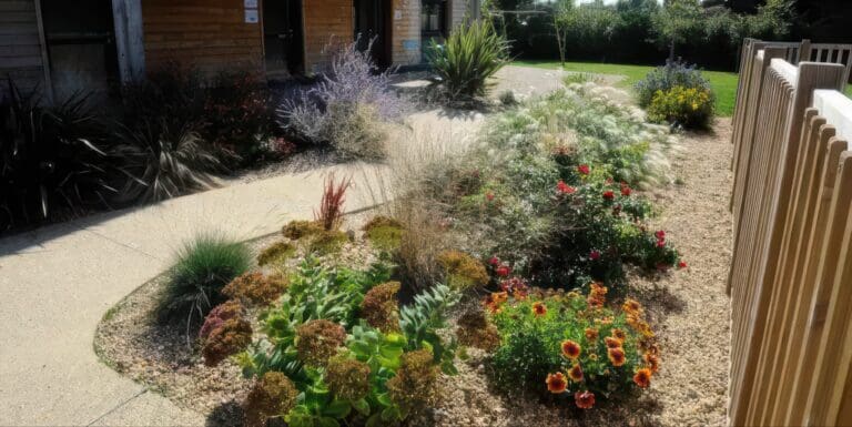 Aménagement paysager avec massifs fleuris et haie de bois le long d'une allée gravillonnée