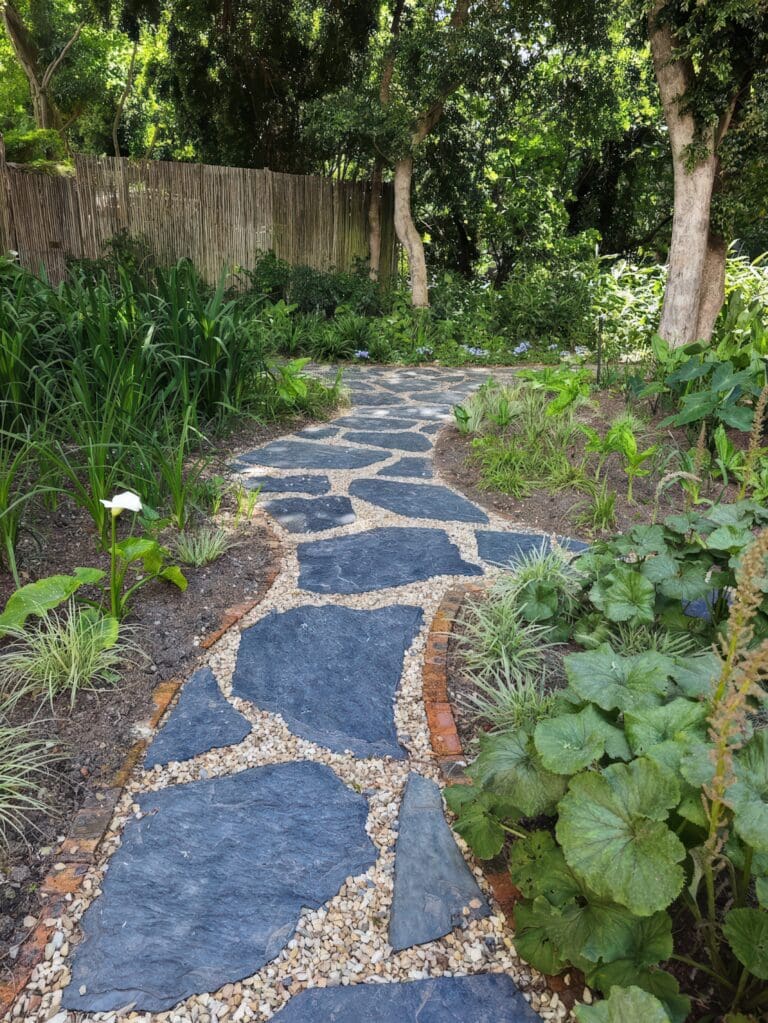 Allée en pierres bleues entourée de plantes vertes dans un jardin ombragé