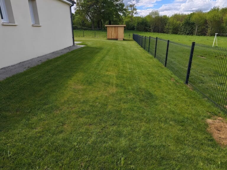 Jardin de maison avec pelouse verte bien entretenue et cabanon en bois