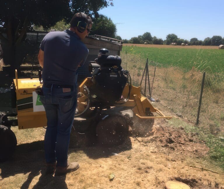 Opérateur utilise une machine pour broyer une souche d'arbre dans un champ