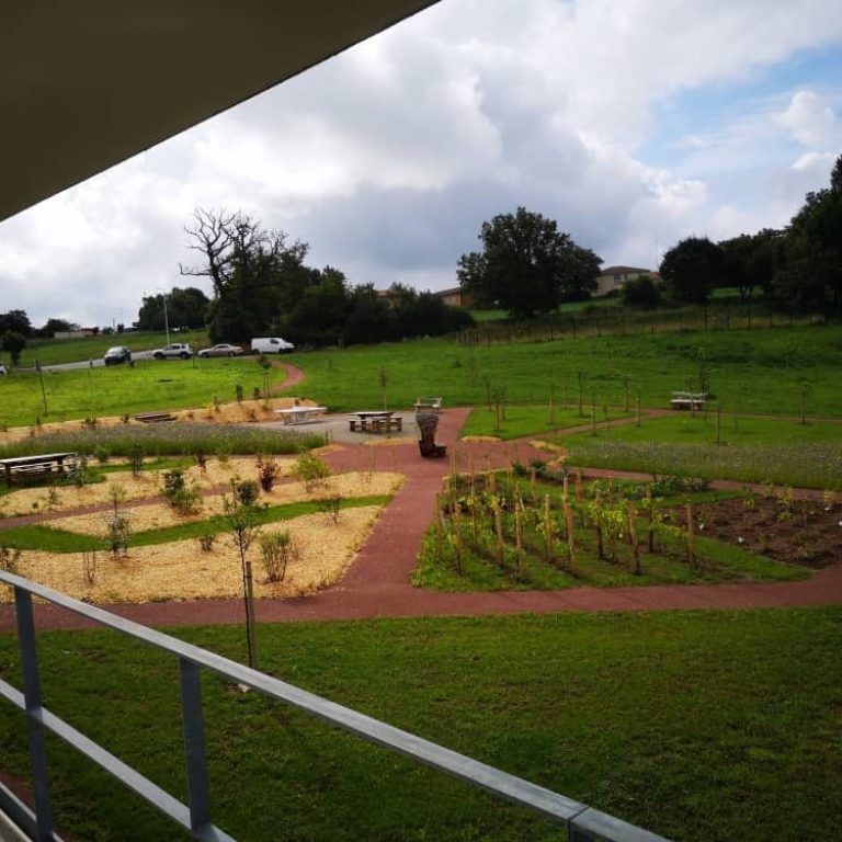 Vue d'un espace paysager avec allées, plantations et bancs en plein air