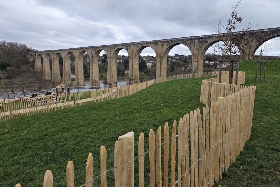 Clôture en bois naturel protégeant jeunes arbres sur une pelouse devant un grand viaduc en pierre